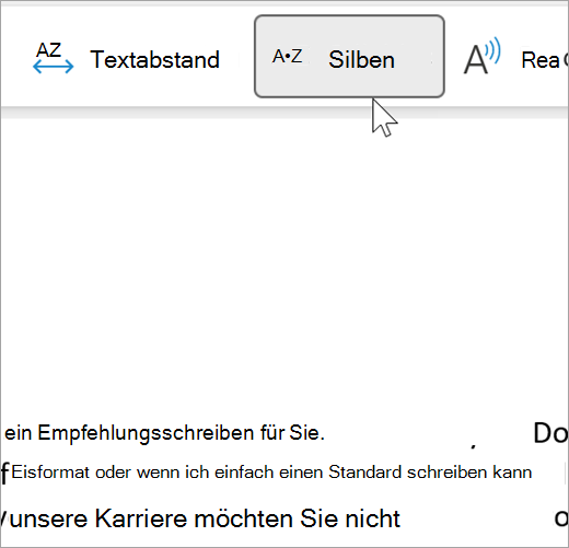 Screenshot der Silbenfunktion des ausgewählten plastischen Readers, der einige Wörter in einer in E-Mail in Silben getrennt zeigt. das Wort 