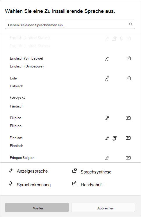 Screenshot von Sprachpaketen, die in den Windows 10-Einstellungen zum Download zur Verfügung stehen.