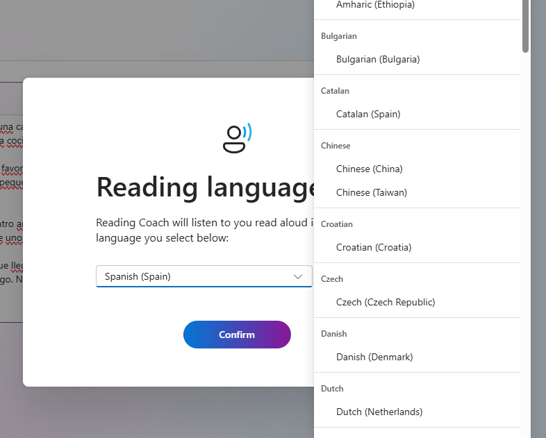 Screenshot weiterer Lesesprachoptionen.