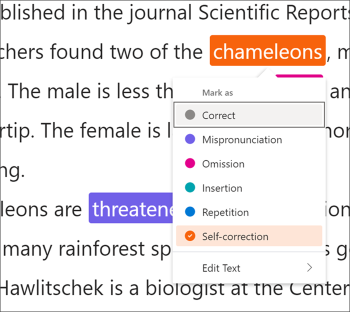 Der mit Fehlern markierte Text, das Wort Chamäleons ist von einem schwarzen Quadrat umgeben, das anzeigt, dass Tastenkombinationen verwendet werden, ein Dropdownmenü zeigt an, dass die Selbstkorrektur aus den verfügbaren Fehlerarten ausgewählt wird.