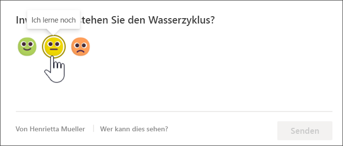 Screenshot der Kursteilnehmer-Ansicht des Reflect-Check-Ins, bevor sie antworten. Der Mauszeiger zeigt über das gelbe, Emoji 