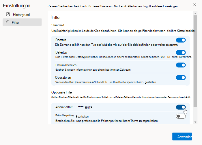Screenshot eines benutzerdefinierten Filters, wie er in der Filtereinstellung erscheint, nachdem er erstellt worden ist. Sie kann ein- und ausgeschaltet werden.