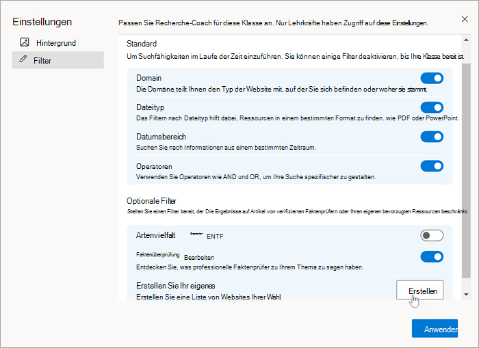 Screenshot des Filterabschnitts in den Einstellungen mit einer Maus, die 
