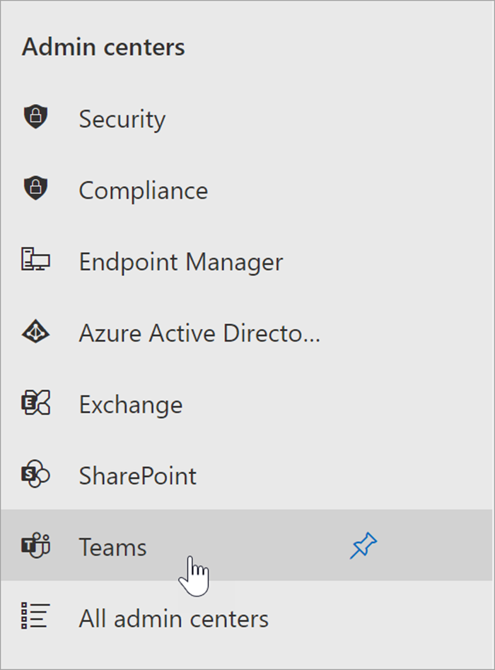 Screenshot des Microsoft 365 Admin Centers, wobei der Cursor auf den Einstiegspunkt für das Teams Admin Center zeigt.