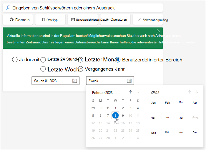Screenshot des Tools für die Datumsangabe, sobald Sie einen benutzerdefinierten Bereich ausgewählt haben.