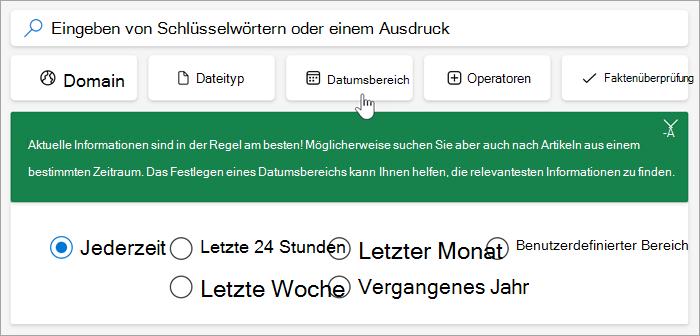 Screenshot der Optionen für die Datumsangaben, letzte 24 Stunden, letzte Woche, letzter Monat, letztes Jahr, benutzerdefinierter Bereich.