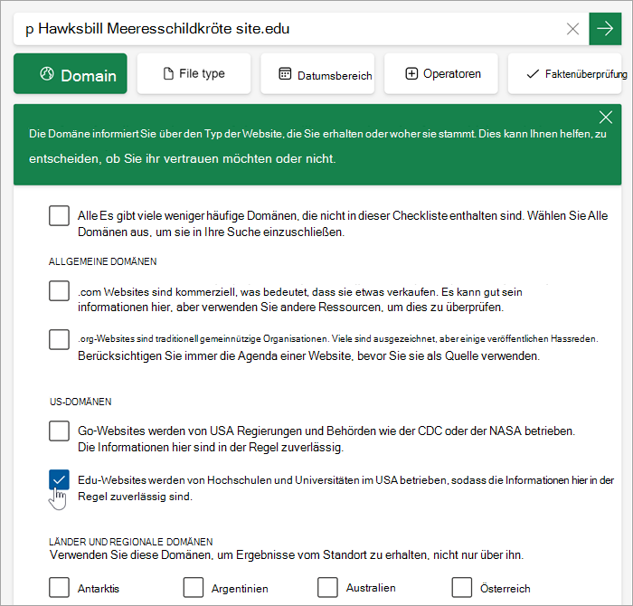 Screenshot des Dropdown-Menüs für die Auswahl der Domänen. Die Optionen sind mit Erklärungen aufgeführt (ähnlich denen im Artikel).