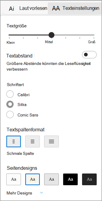 Textvoreinstellungen im Plastischer Reader für Microsoft Edge.