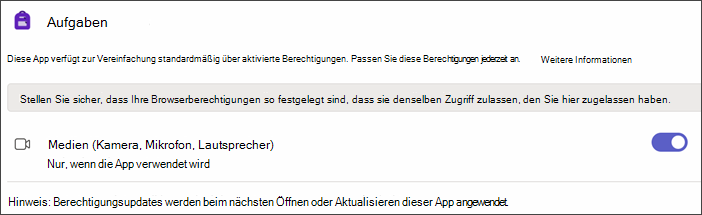 Screenshot der Teams-Einstellungen nach dem Auswählen von App-Berechtigungen. Eine Einstellung namens 
