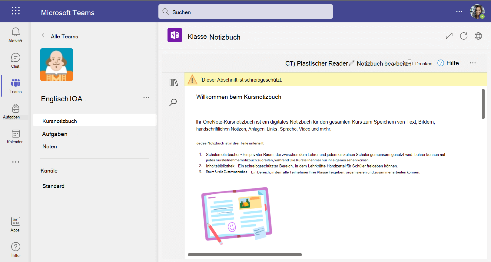 Screenshot: Kursnotizbuch in der Webversion von Teams.