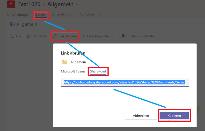 Klicken Sie auf Files, dann auf Link abrufen, dann auf SharePoint und dann auf Kopieren.