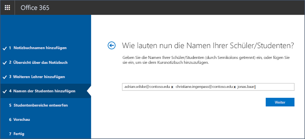 Screenshot zum Hinzufügen von Schülern in der App für OneNote-Kursnotizbücher