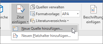Zeigen Sie auf „Zitat einfügen“, und wählen Sie „Neue Quelle hinzufügen“