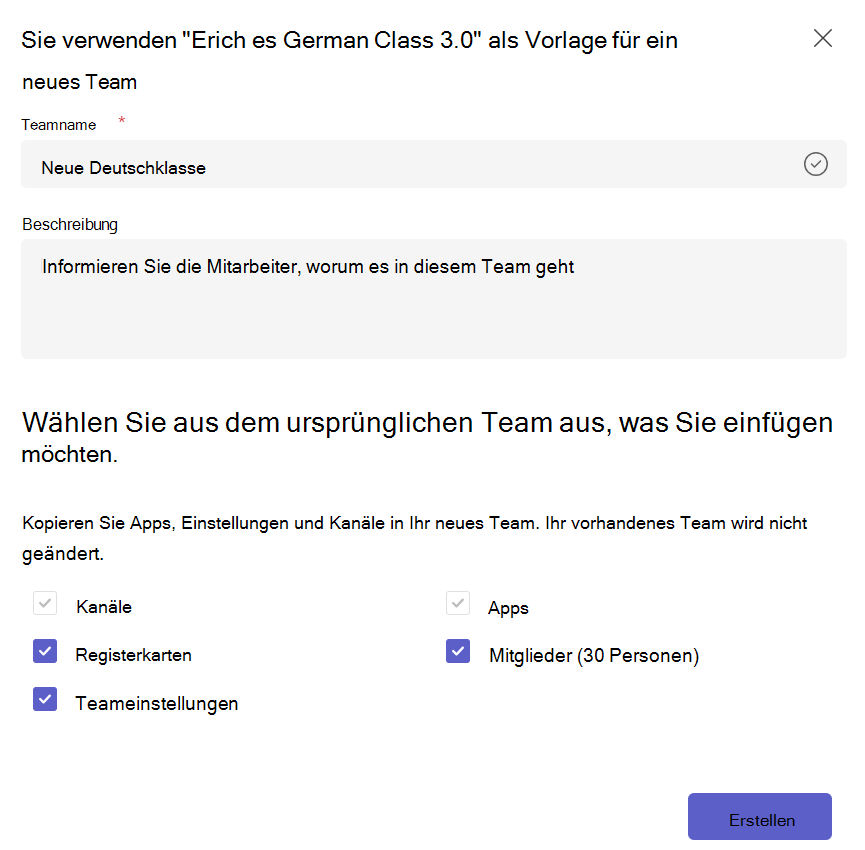 Screenshot: Erstellen eines neuen Teams aus einer vorhandenen Teamvorlage und Auswählen von zu kopierenden Inhalten