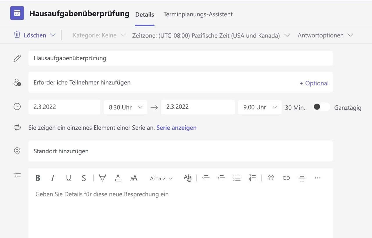 Screenshot keiner Besprechungsdetails in der Webversion von Teams.