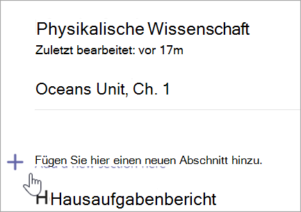 Screenshot, der die Kursnotizbuchseite mit der Option zum Hinzufügen eines neuen Abschnitts zeigt.