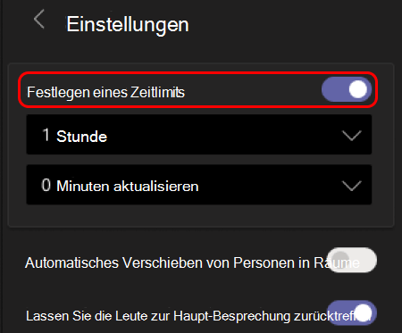 Abbildung die zeigt, wie Sie das Zeitlimit für Gruppenräume festlegen.
