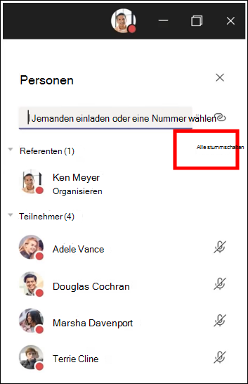 Sie können alle Teilnehmer an einer Besprechung stumm schalten.