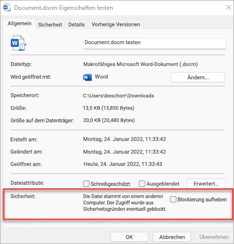 In den Dateieigenschaften befindet sich unten auf der Registerkarte „Allgemein“ ein Abschnitt „Sicherheit“ mit einem Kontrollkästchen zum Aufheben der Blockierung der Datei.