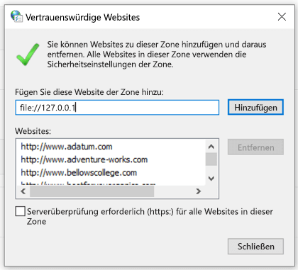 Hinzufügen einer vertrauenswürdigen Site in den Interneteigenschaften