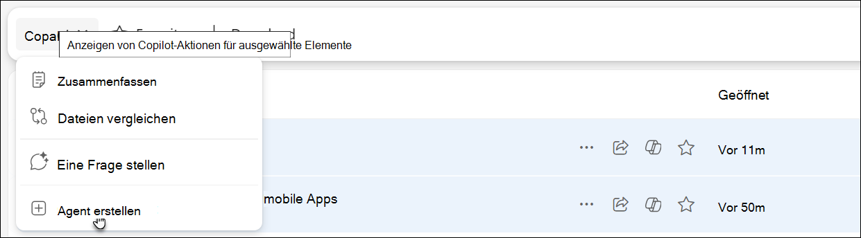 Screenshot: Zugreifen auf und Erstellen eines Agents in OneDrive