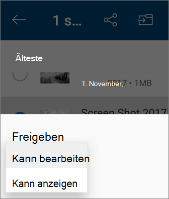 Screenshot des Änderns der Berechtigung beim Freigeben in der OneDrive-App für Android