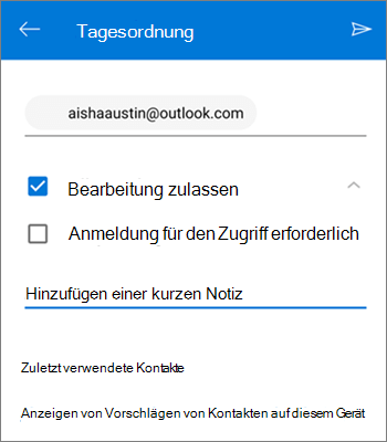 Screenshot der Einladung von Personen zum Teilen einer Datei aus OneDrive für Android