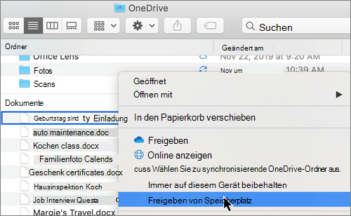 Screenshot der OneDrive-Files On-Demand-Optionen in Finder auf einem Mac