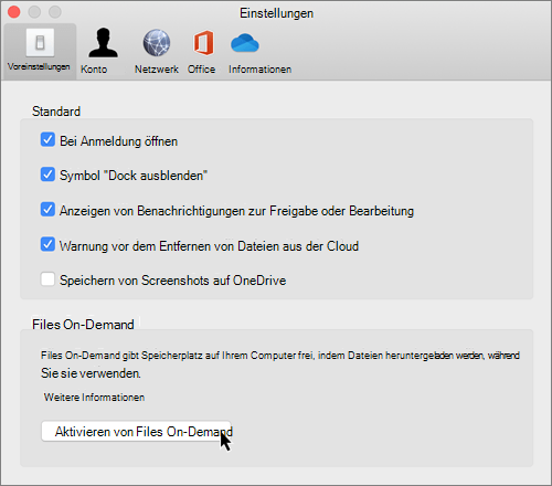 Screenshot der Einstellungen auf Mac für OneDrive-Dateien bei Bedarf