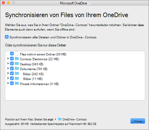 Screenshot des OneDrive-Setupmenüs zum Auswählen der zu synchronisierenden Ordner oder Dateien.