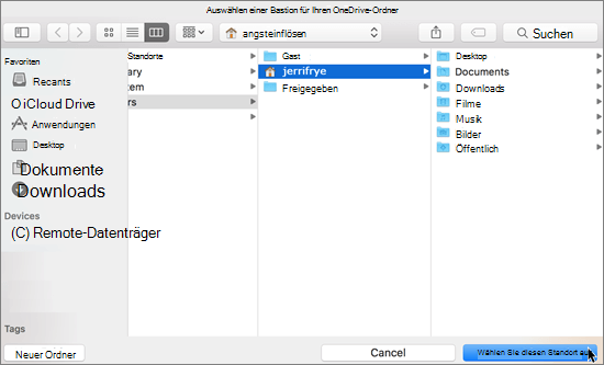 Screenshot: Auswählen eines Ordnerspeicherorts im Assistenten 