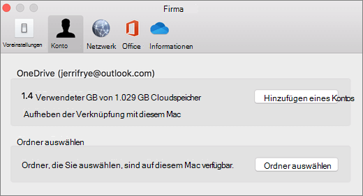 Screenshot: Hinzufügen eines Kontos in den OneDrive-Einstellungen auf einem Mac