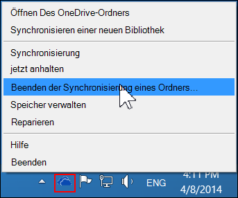 Befehl 'Synchronisierung eines Ordners beenden' im OneDrive for Business-Menü