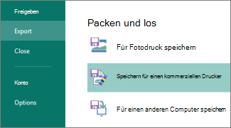 Klicken Sie auf Datei, Exportieren, um die Optionen Pack und Go anzuzeigen.