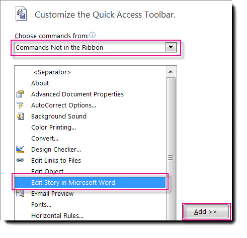 Fügen Sie die Schaltfläche 'Textabschnitt in Microsoft Word bearbeiten' zur Symbolleiste für den Schnellzugriff in Publisher hinzu.