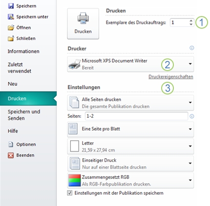 Druckeinstellungen in Publisher 2010