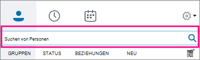 Wenn das Suchfeld in Skype for Business leer ist, sind die Registerkarten 'Gruppen', 'Status', 'Beziehungen' und 'Neu' verfügbar.