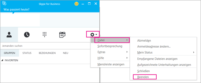 Um Skype for Business zu beenden, wählen Sie das Zahnradsymbol und dann Datei > beenden aus.