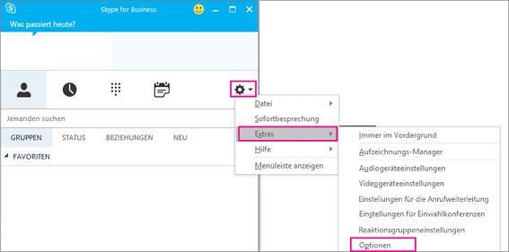 Wählen Sie in Skype for Business das Toolsymbol und dann Extras > Optionen aus.
