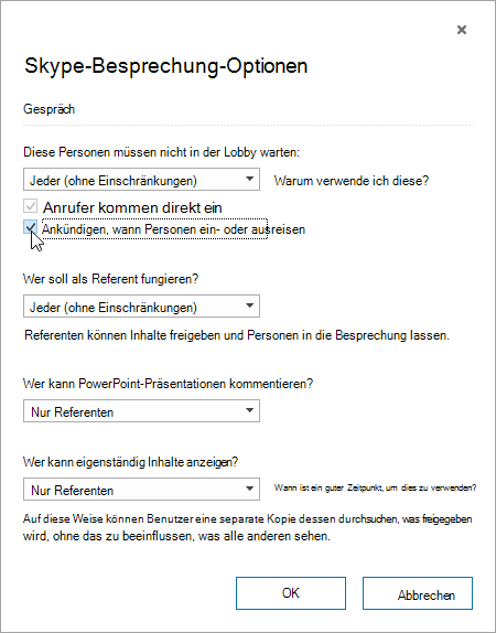 Meeting options dialog with announce when people enter or leave highlighted