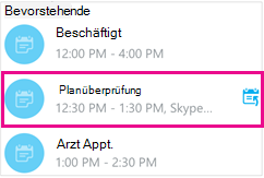 Bildschirm 'Bevorstehende Besprechungen' mit einer hervorgehobenen Besprechung