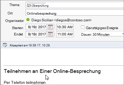 Screenshot eines Besprechungsdialogfelds mit dem Link 