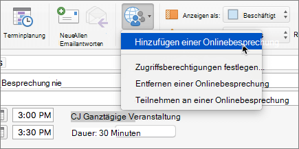 Screenshot einer Besprechungsanfrage mit ausgewählter Option 