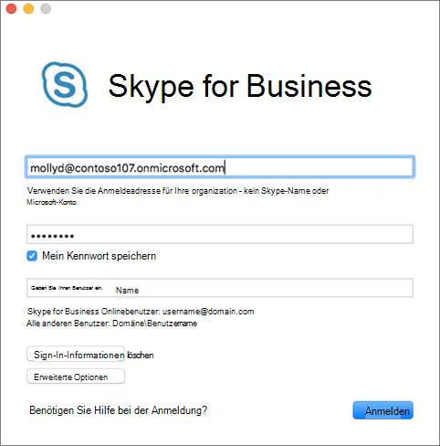 Skype for Business für Mac-Anmeldebildschirm