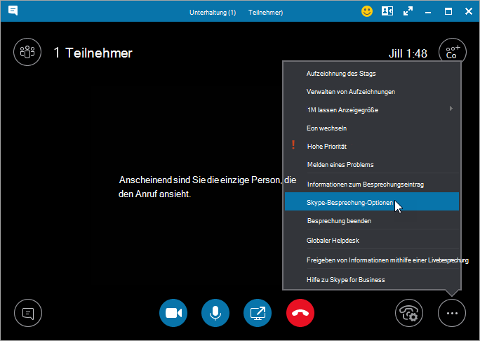 More dialog with Meeting Options highlighted