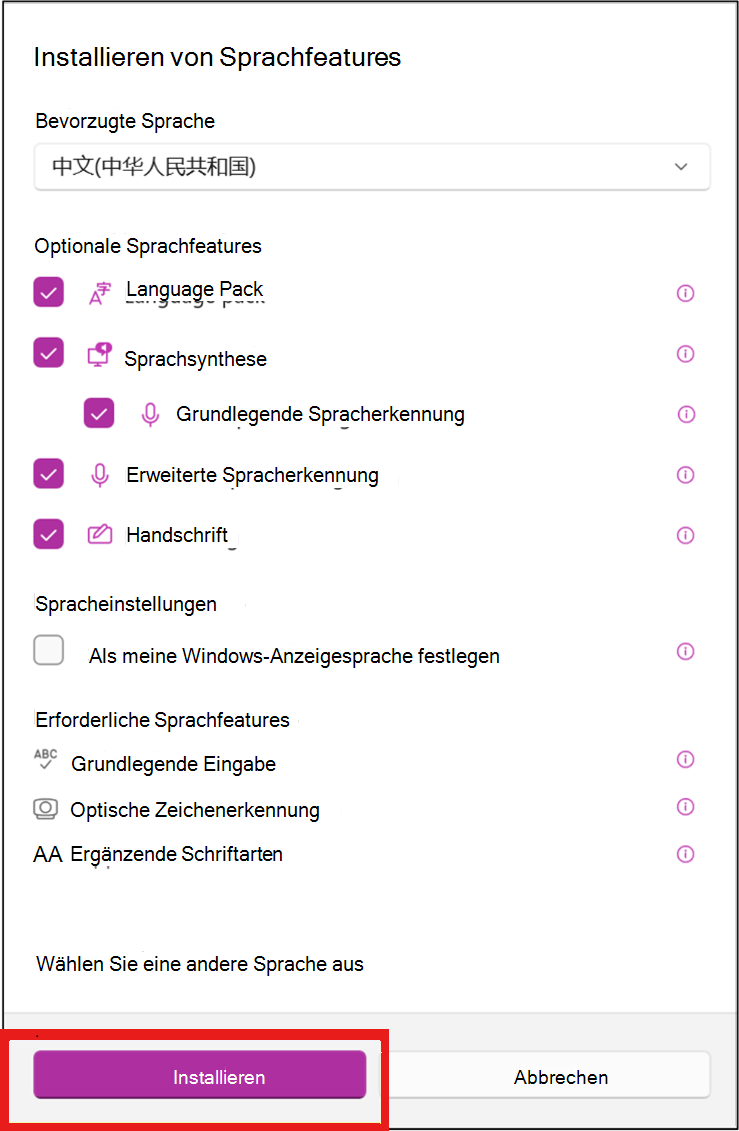 Select your language preferences, and then click Install.