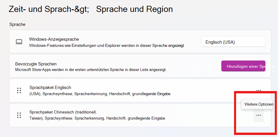 Under Preferred languages, click the … (More Options) button