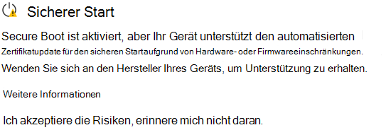 Screenshot der Windows-Sicherheit-Warnung, dass Updates von Zertifikaten für den sicheren Start blockiert sind