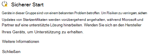 Screenshot der Windows-Sicherheit-Warnung, dass Updates von Zertifikaten für den sicheren Start angehalten wurden