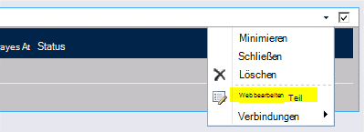 Befehl 'Webpart bearbeiten' im Menü 'Webpart'